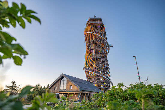 hölzerner Turm mit Erlebnisrutsche, Skywalk und Eingangsgebäude im Blick durch grüne Sträucher